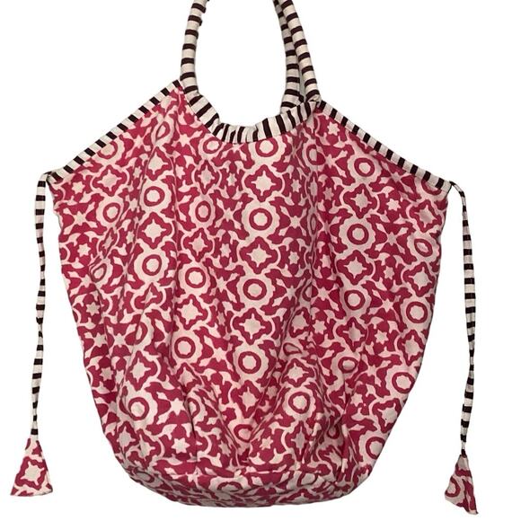Roller Rabbit Handbags - Roller Rabbit Beach Bag Boho Tote Bondi Large Mixed Pattern Pink Cotton